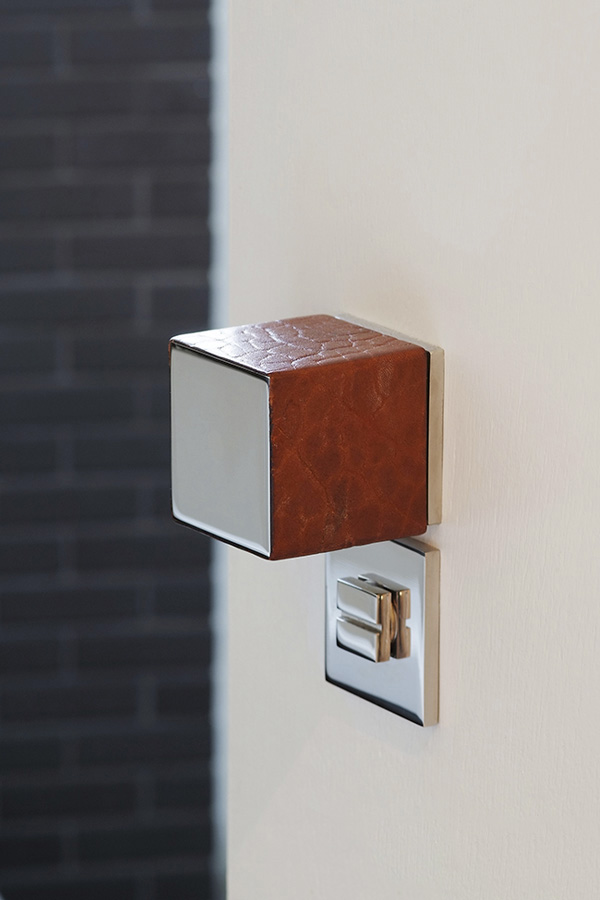 Joseph Giles CUBE contemporary door knob in polished stainless steel and antique leather